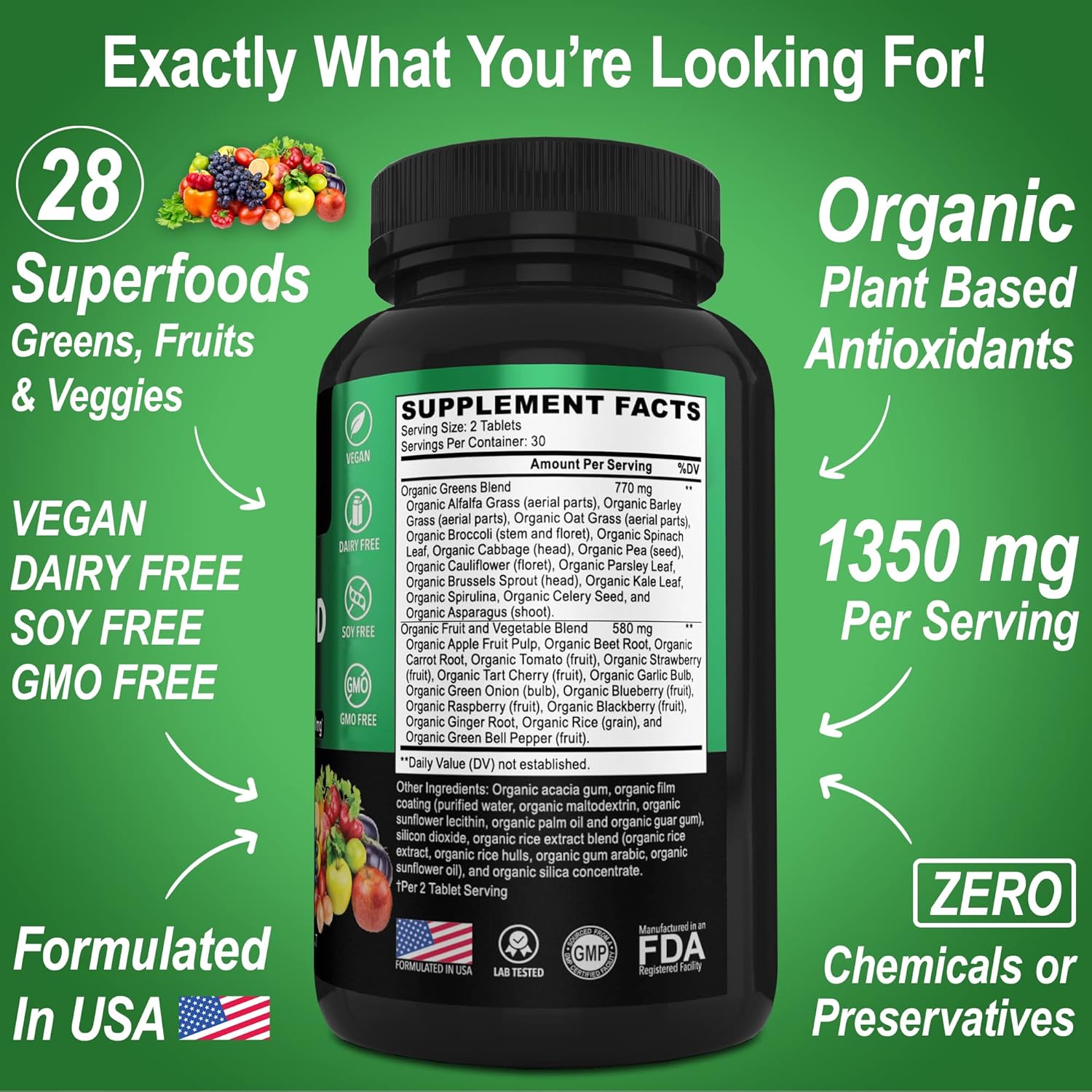 Organic Adrenal Support & Superfood Greens with Fruit Supplements for Daily Energy Boost