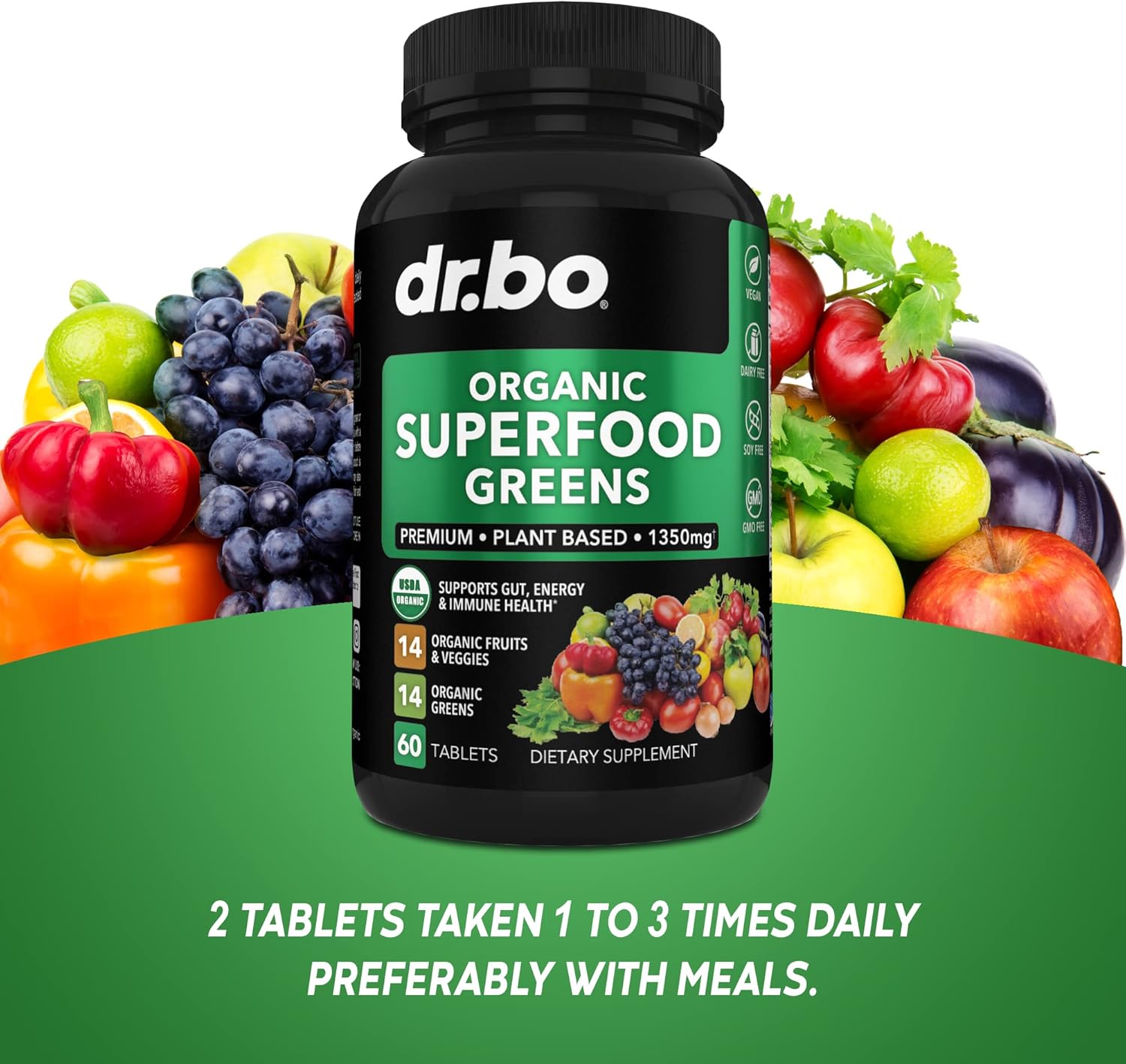 Organic Adrenal Support & Superfood Greens with Fruit Supplements for Daily Energy Boost
