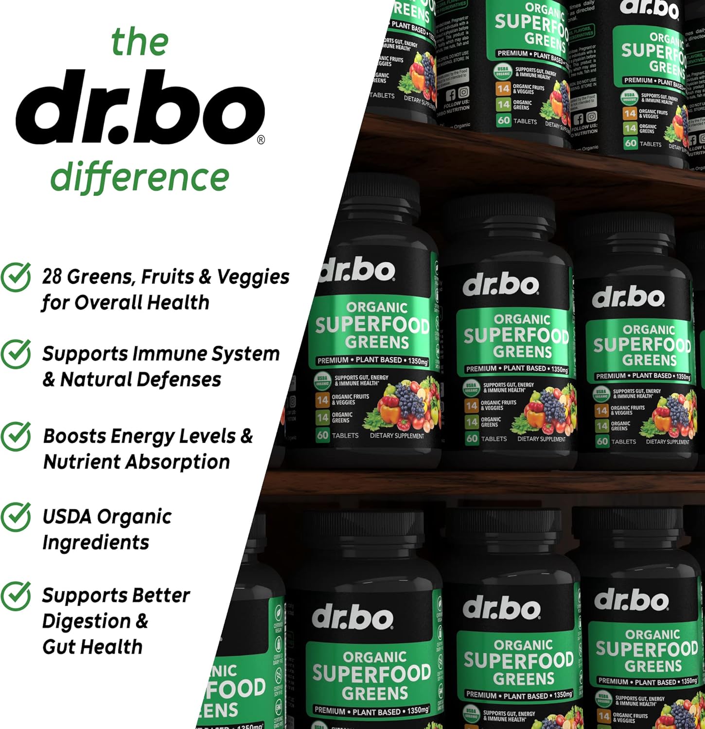 Organic Adrenal Support & Superfood Greens with Fruit Supplements for Daily Energy Boost