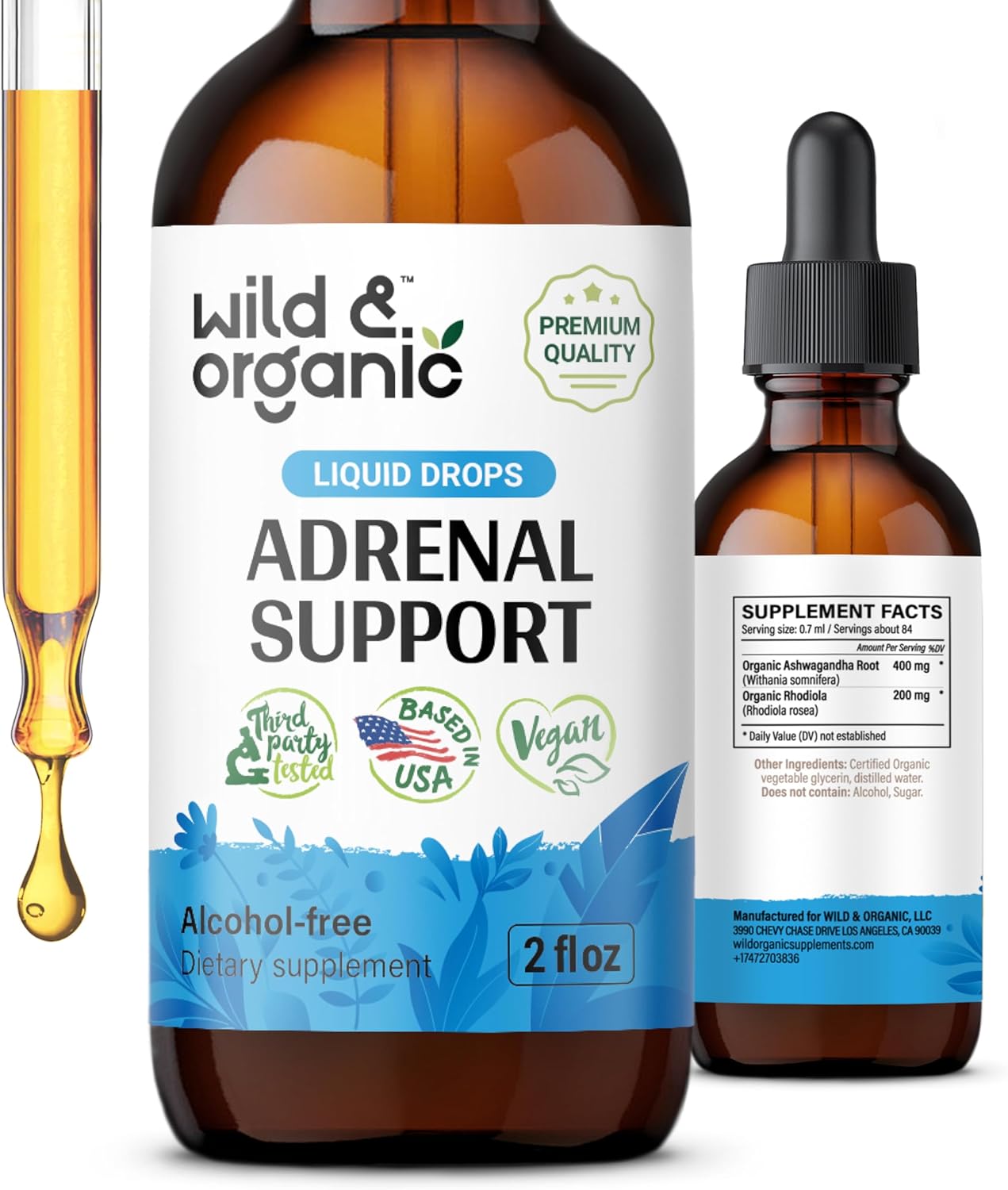Organic Adrenal Support Tincture with Ashwagandha & Rhodiola Rosea - Vegan Formula, Sugar & Alcohol-Free - 1-Month Supply - 2 fl oz