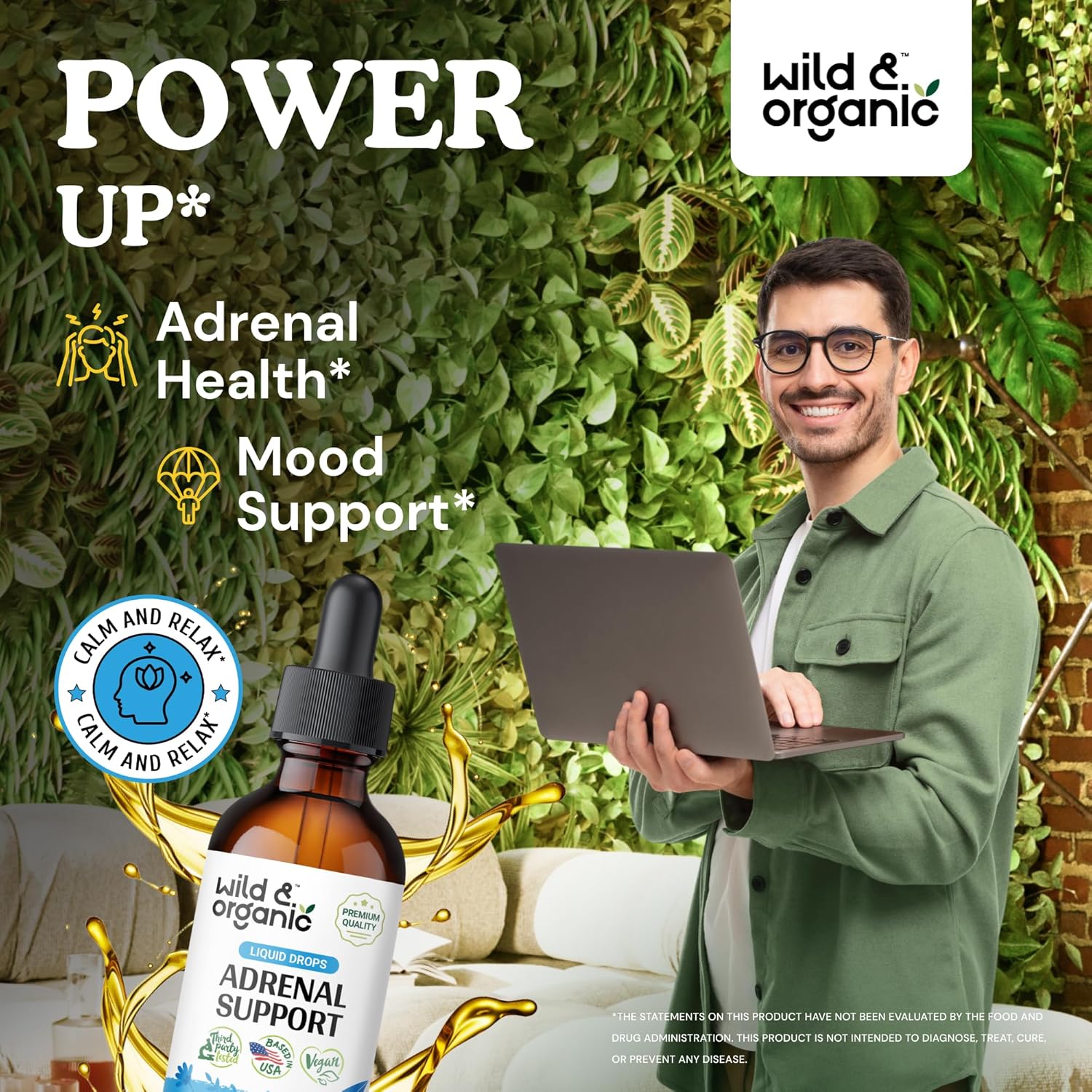 Organic Adrenal Support Tincture with Ashwagandha & Rhodiola Rosea - Vegan Formula, Sugar & Alcohol-Free - 1-Month Supply - 2 fl oz