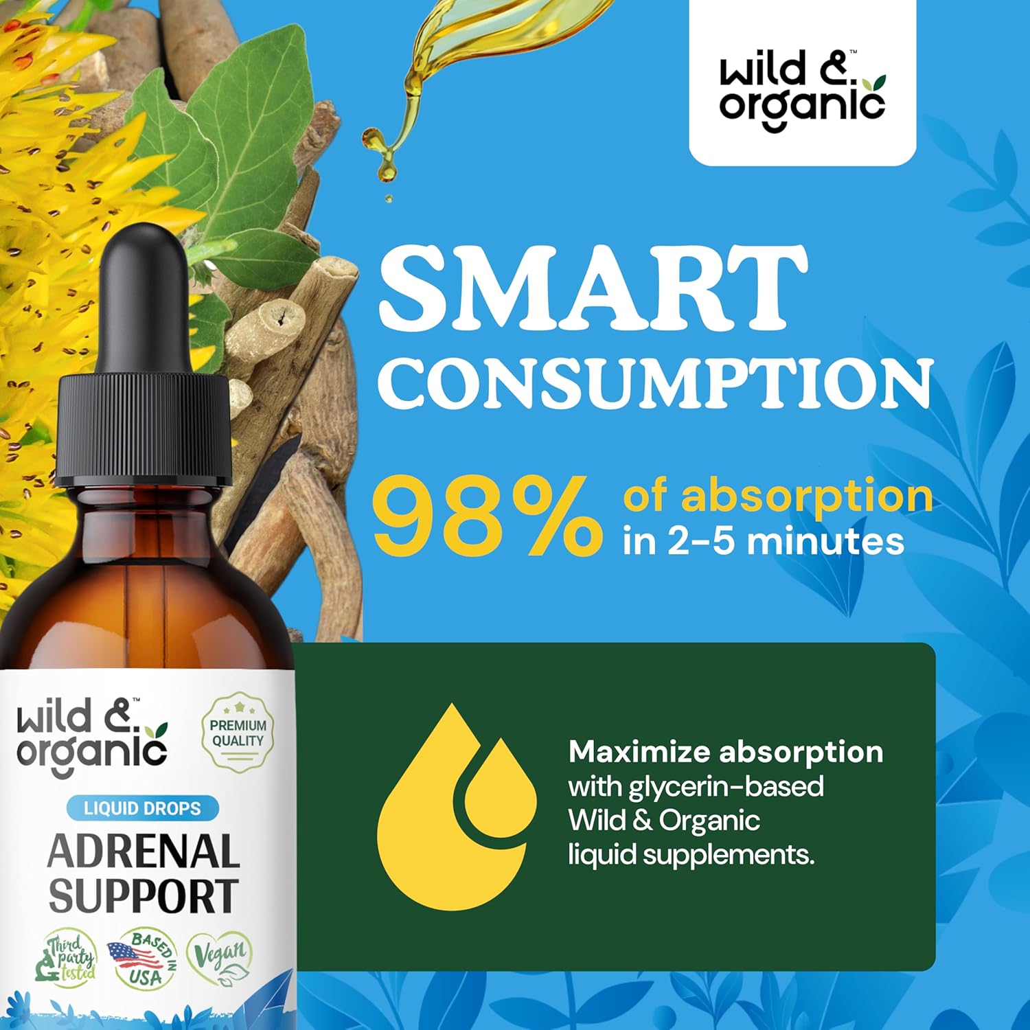 Organic Adrenal Support Tincture with Ashwagandha & Rhodiola Rosea - Vegan Formula, Sugar & Alcohol-Free - 1-Month Supply - 2 fl oz