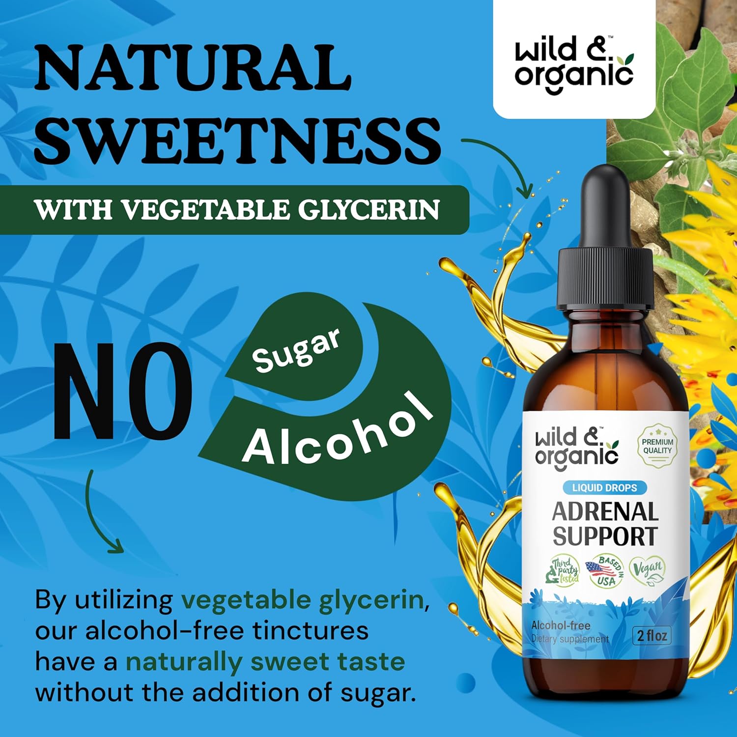 Organic Adrenal Support Tincture with Ashwagandha & Rhodiola Rosea - Vegan Formula, Sugar & Alcohol-Free - 1-Month Supply - 2 fl oz