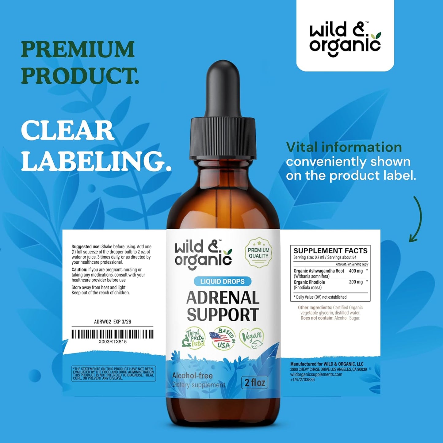 Organic Adrenal Support Tincture with Ashwagandha & Rhodiola Rosea - Vegan Formula, Sugar & Alcohol-Free - 1-Month Supply - 2 fl oz