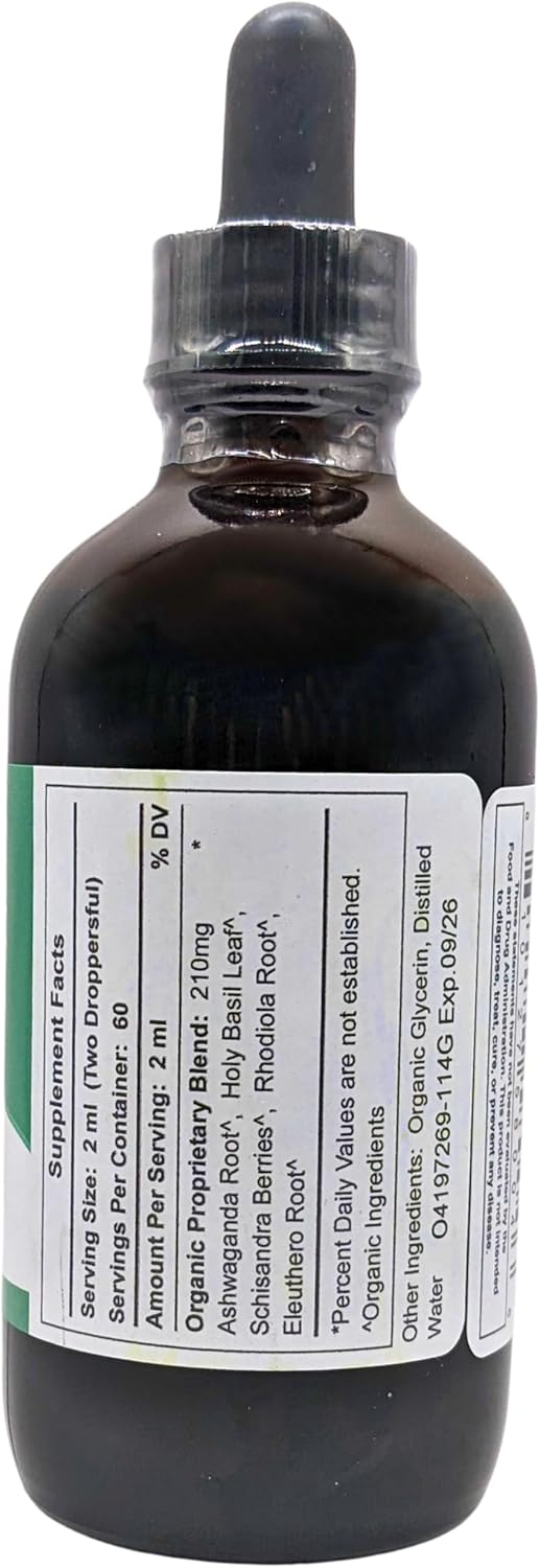 Organic Adrenal Tonic Tincture with Adaptogens - Alcohol-Free Herbal Blend for Stress Relief - Ashwagandha, Rhodiola, Eleuthero - 4 fl oz