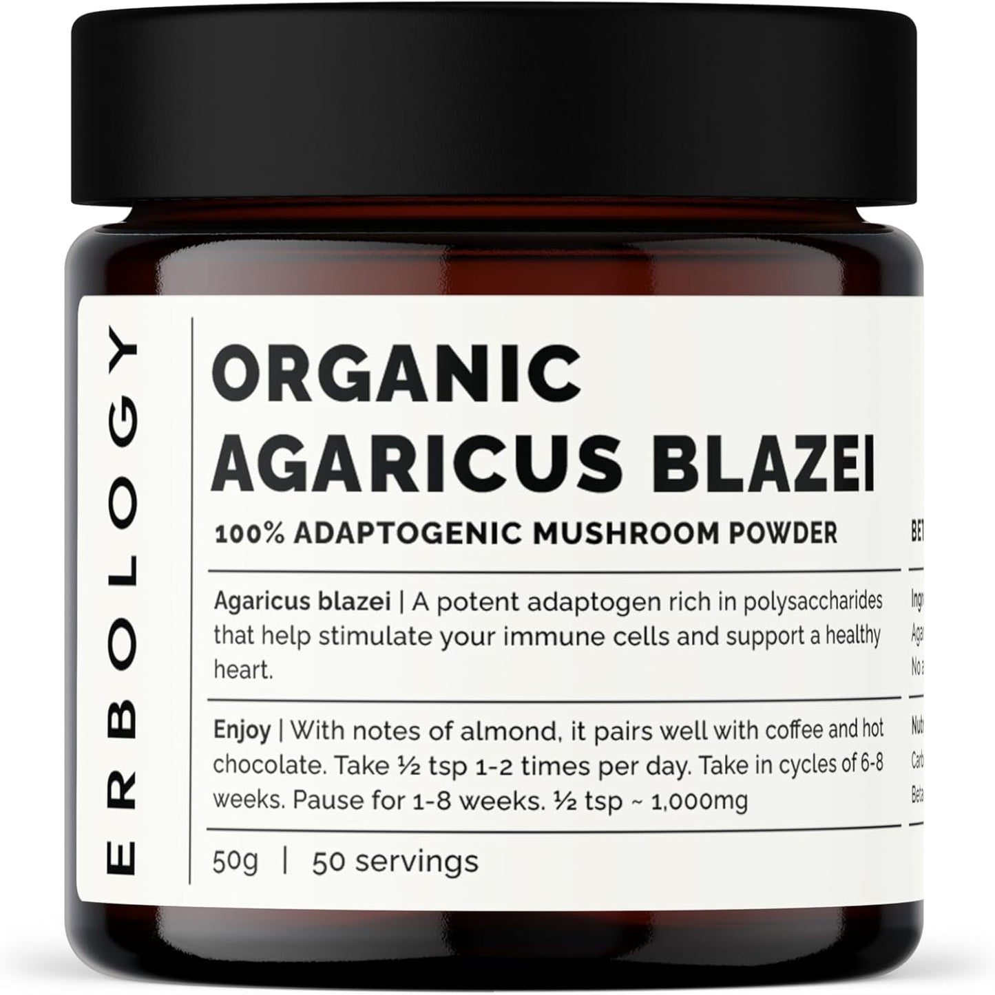 Organic Agaricus Blazei Mushroom Powder - 50 Servings, 25% Beta-glucans - Immunity & Heart Support - Small Batch, Sustainably Grown in Europe - Vegan, Non-GMO, No Fillers