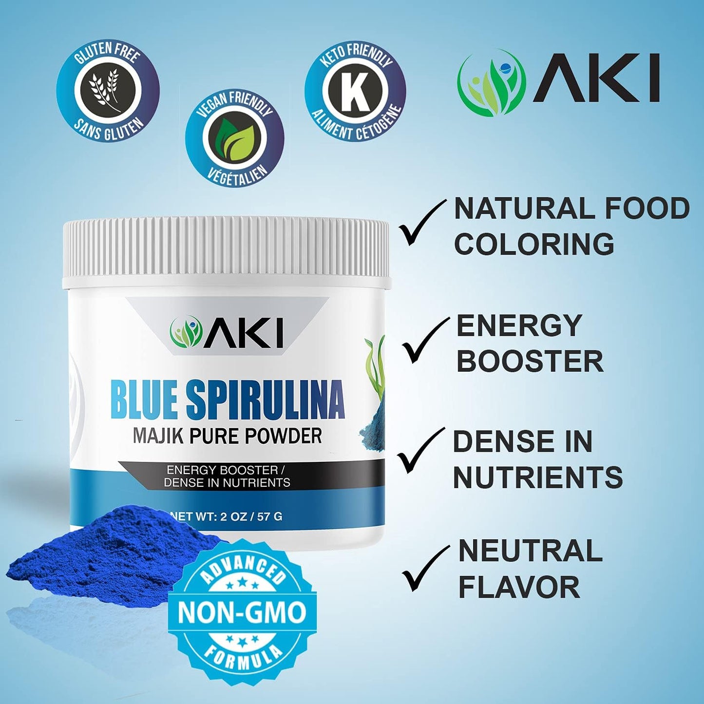 Organic AKI Blue Spirulina Powder - Nutrient-Rich Majik Powder for Smoothies - Non-GMO & Vegan Friendly - 2oz/57g