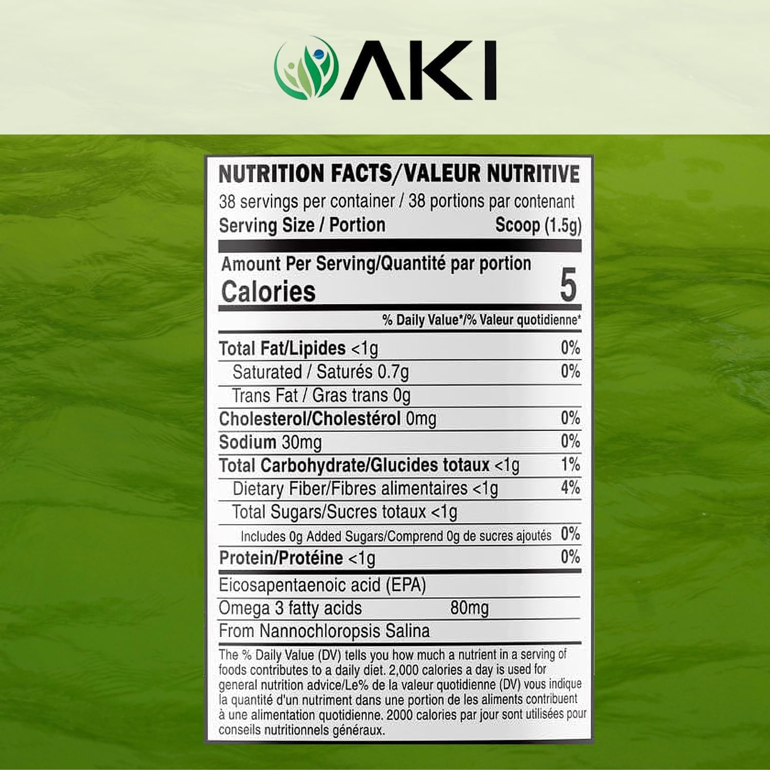 Organic AKI Marine Phytoplankton Powder: Raw Omega-3 EPA Micro Algae Nannochloropsis, Plant Proteins, Vitamins - Vegan, GMO Free - 2oz
