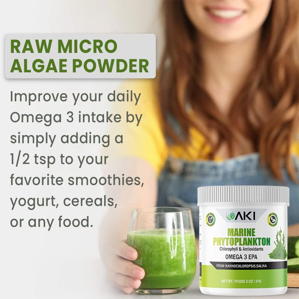Organic AKI Marine Phytoplankton Powder: Raw Omega-3 EPA Micro Algae Nannochloropsis, Plant Proteins, Vitamins - Vegan, GMO Free - 2oz