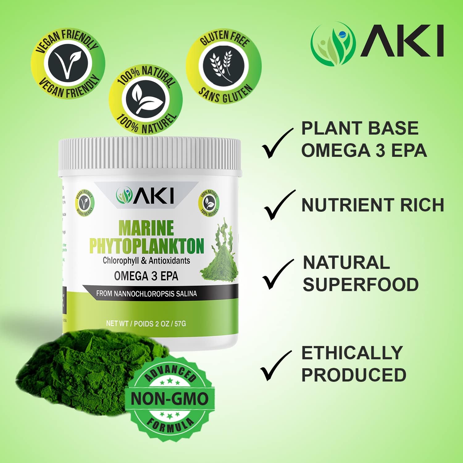 Organic AKI Marine Phytoplankton Powder: Raw Omega-3 EPA Micro Algae Nannochloropsis, Plant Proteins, Vitamins - Vegan, GMO Free - 2oz