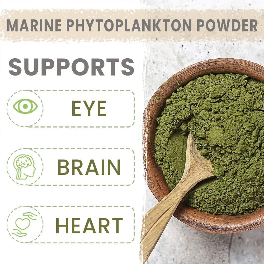 Organic AKI Marine Phytoplankton Powder: Raw Omega-3 EPA Micro Algae Nannochloropsis, Plant Proteins, Vitamins - Vegan, GMO Free - 2oz