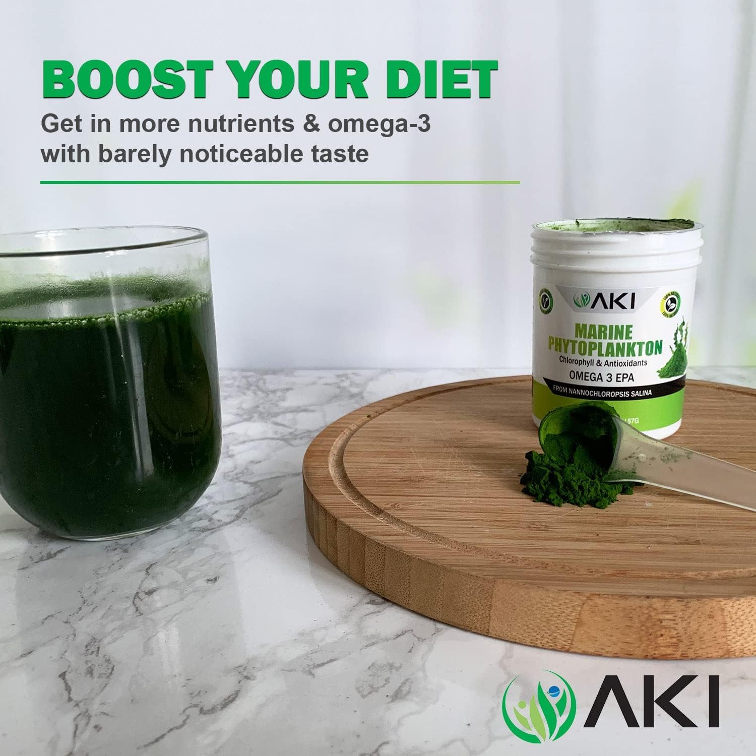 Organic AKI Marine Phytoplankton Powder: Raw Omega-3 EPA Micro Algae Nannochloropsis, Plant Proteins, Vitamins - Vegan, GMO Free - 2oz