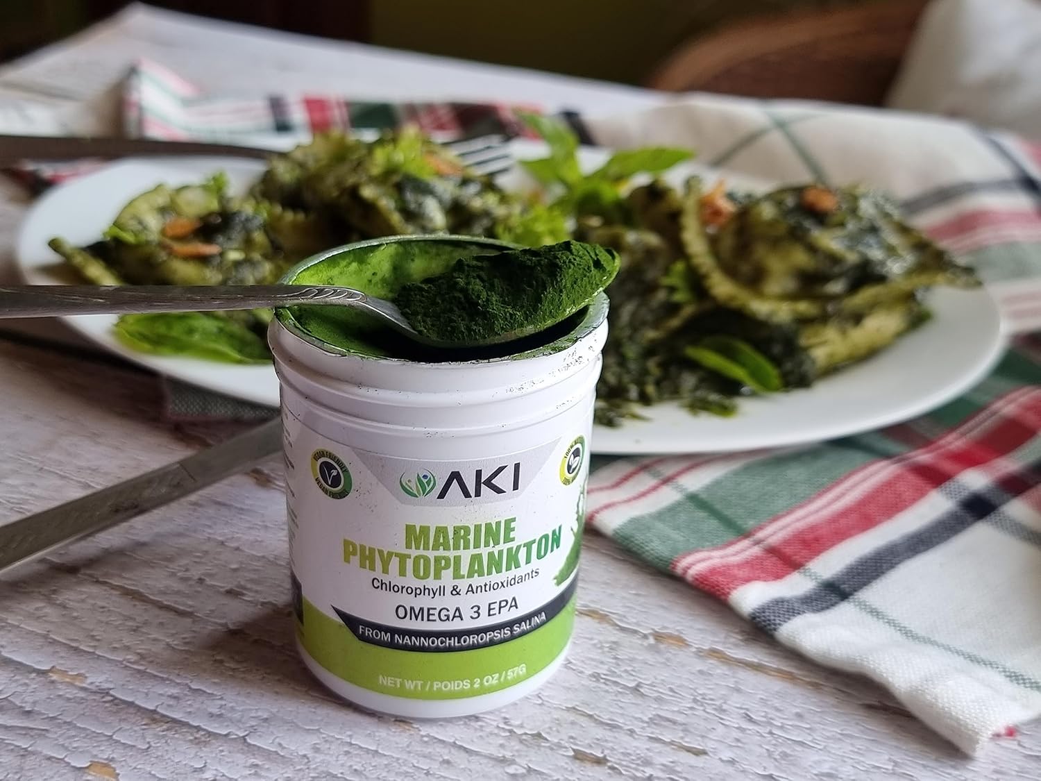 Organic AKI Marine Phytoplankton Powder: Raw Omega-3 EPA Micro Algae Nannochloropsis, Plant Proteins, Vitamins - Vegan, GMO Free - 2oz