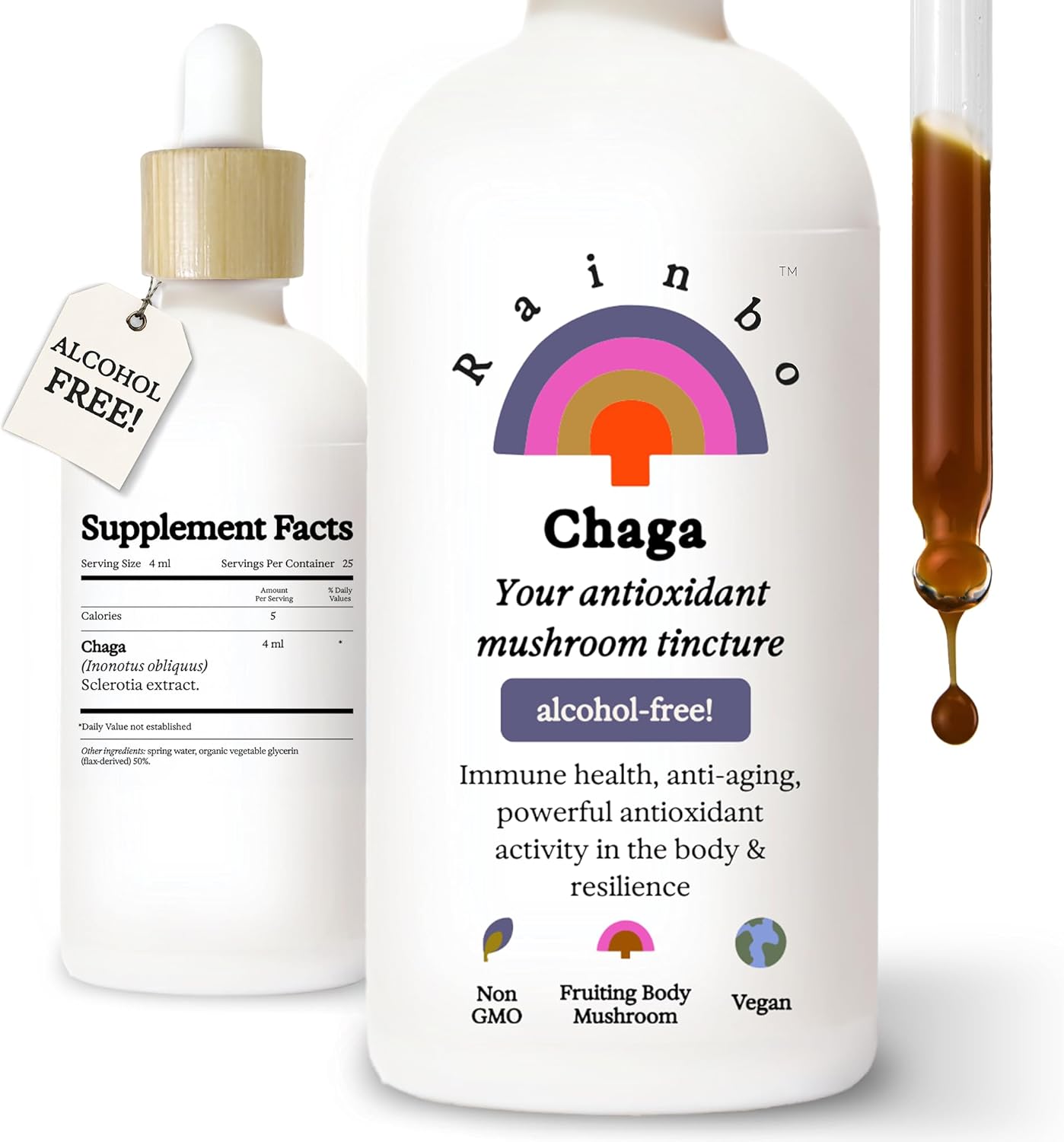 Organic Alcohol-Free Chaga Mushroom Tincture for Immune and Cellular Support - Vegan Liquid Supplement, Non-GMO - 3.4 fl oz