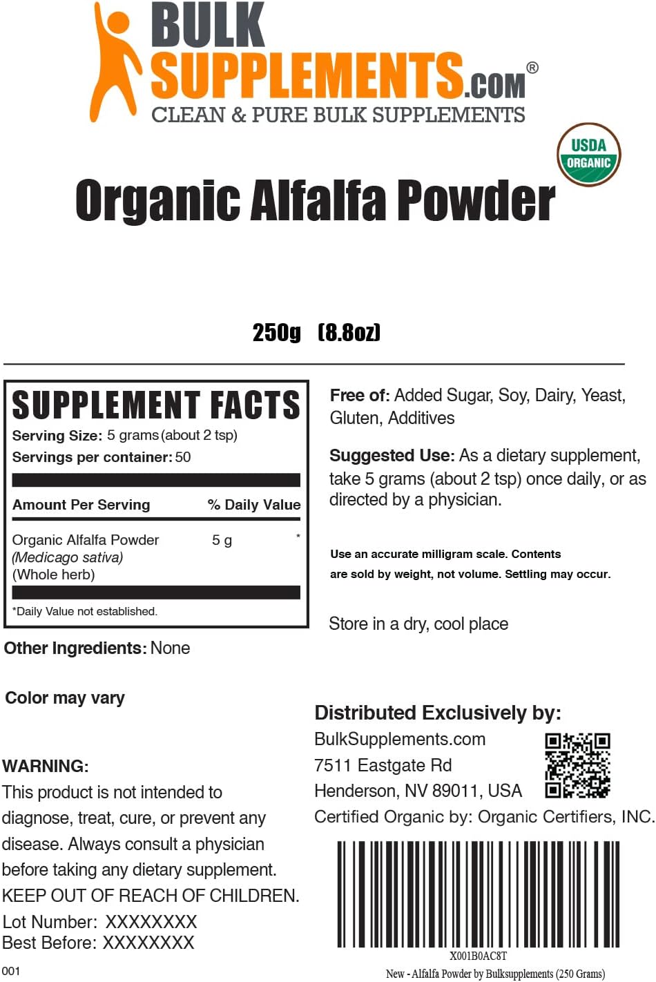 Organic Alfalfa Grass Powder - Green Superfood Supplement, Vegan & Gluten Free, 250g - BulkSupplements.com