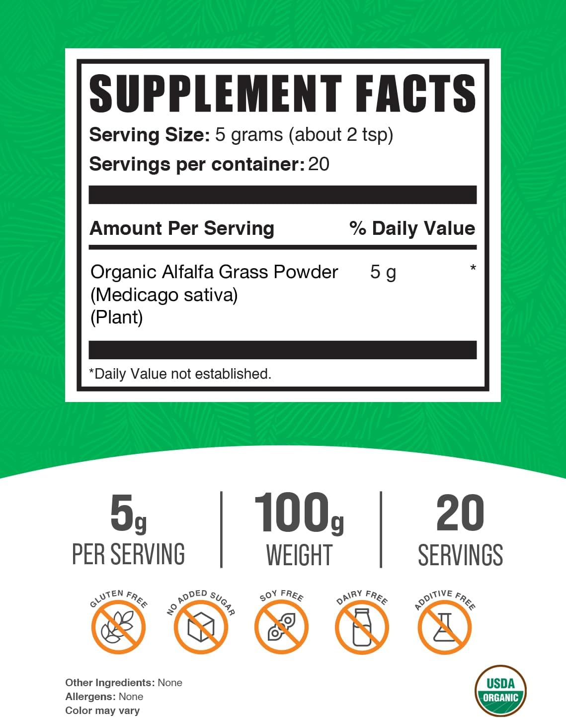 Organic Alfalfa Grass Powder - Green Superfood Supplement, Vegan & Gluten-Free - 100g (3.5 oz) - Pack of 1