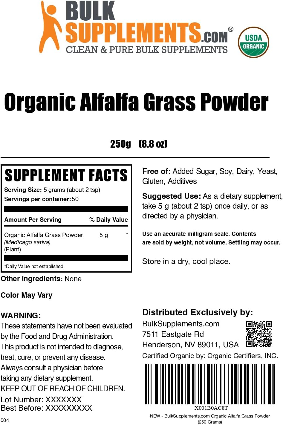Organic Alfalfa Grass Powder - Green Superfood Supplement, Vegan & Gluten Free, 250g - BulkSupplements.com
