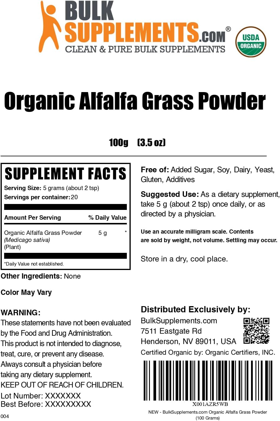 Organic Alfalfa Grass Powder - Green Superfood Supplement, Vegan & Gluten-Free - 100g (3.5 oz) - Pack of 1