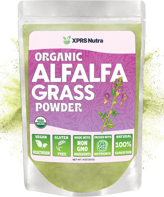 Organic Alfalfa Powder - Vegan Supplement High in Calcium, Antioxidants, Vitamins - Premium Farmer Alfalfa for Kids and Adults - Vegan Friendly (4 oz)