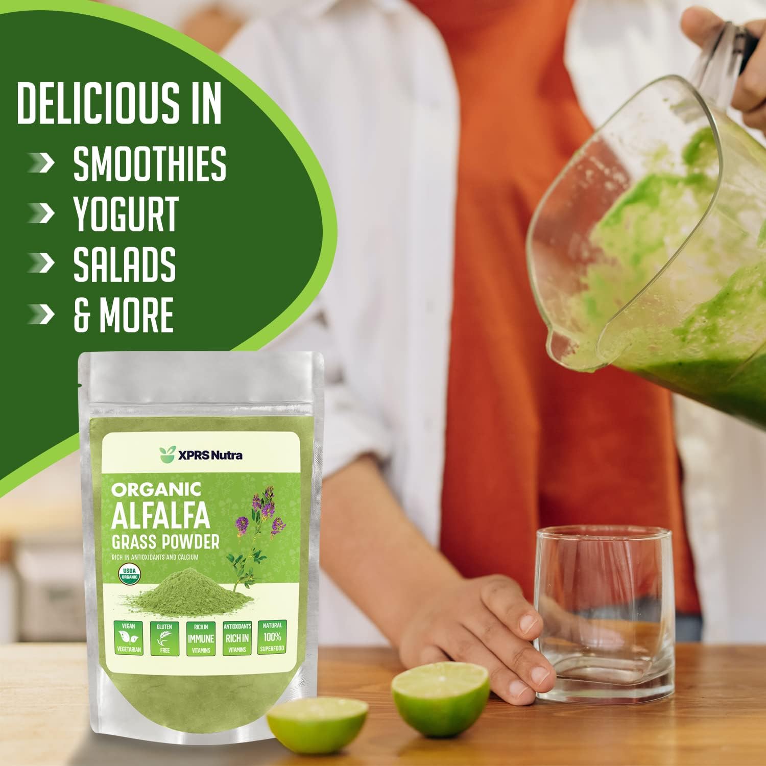 Organic Alfalfa Powder - Vegan Supplement High in Calcium, Antioxidants, Vitamins - Premium Farmer Alfalfa for Kids and Adults - Vegan Friendly (4 oz)