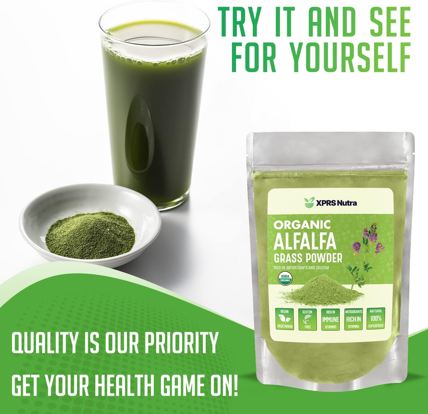 Organic Alfalfa Powder - Vegan Supplement High in Calcium, Antioxidants, Vitamins - Premium Farmer Alfalfa for Kids and Adults - Vegan Friendly (4 oz)