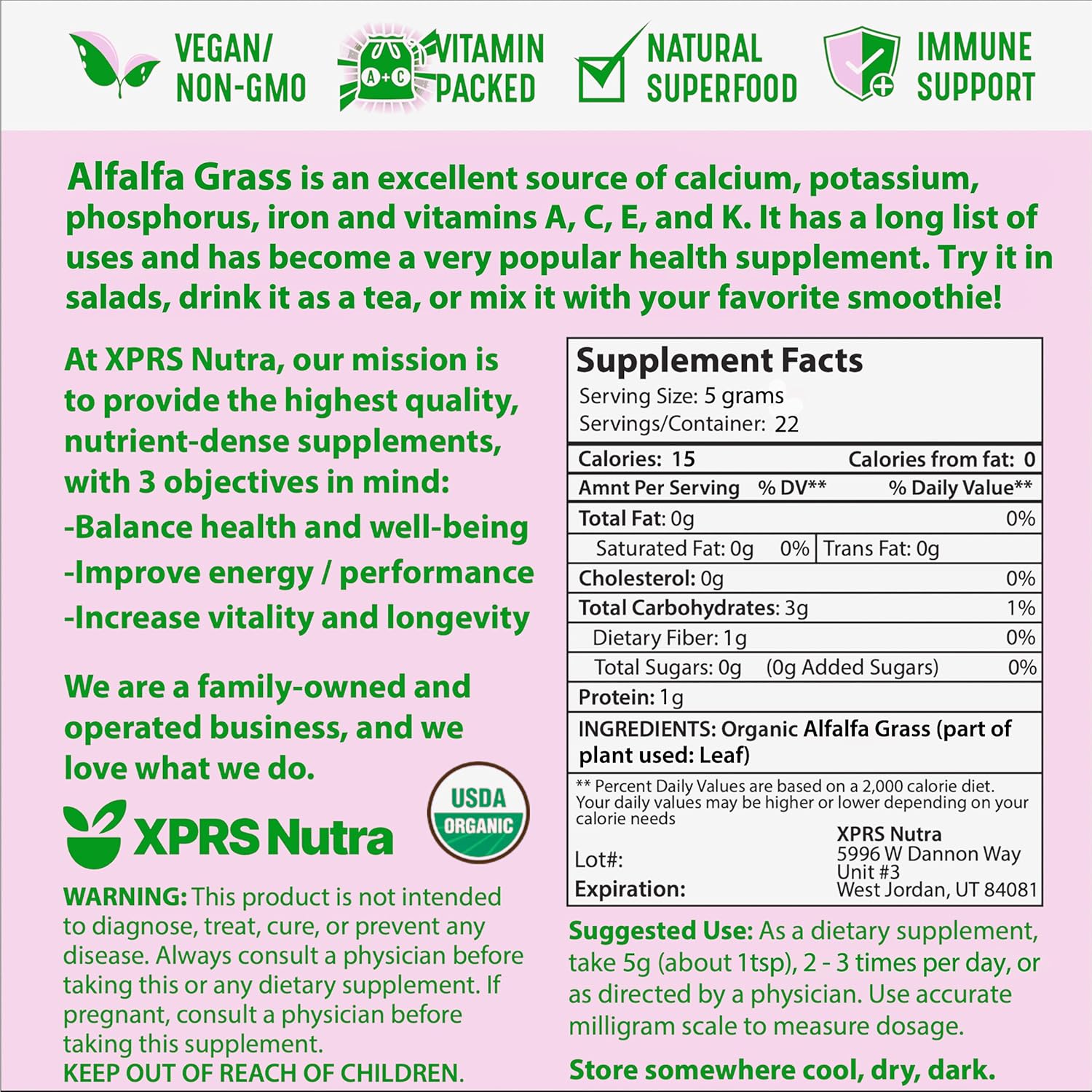 Organic Alfalfa Powder - Vegan Supplement High in Calcium, Antioxidants, Vitamins - Premium Farmer Alfalfa for Kids and Adults - Vegan Friendly (4 oz)