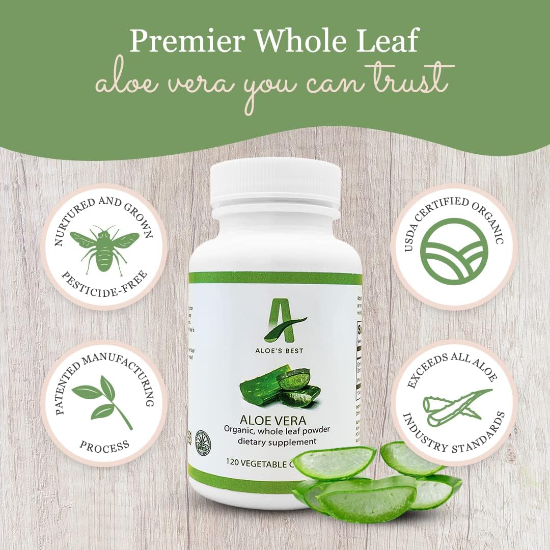 Organic Aloe Vera Capsules - 120 Veggie Caps, Pure Whole Leaf Powder Supplement for Healthy Skin, Hair, Nails