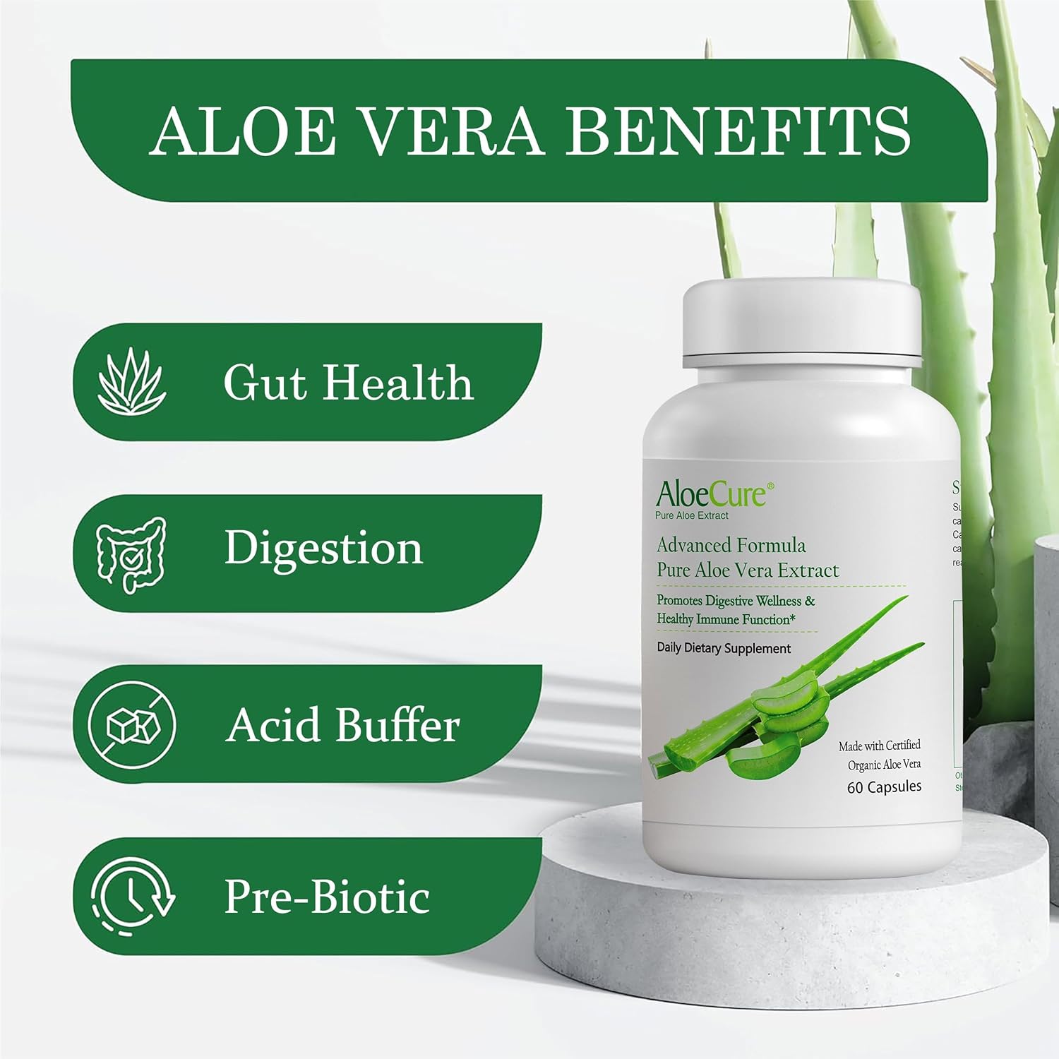 Organic Aloe Vera Capsules 60Caps x 3Btl, 130,000mg Inner Aloe Leaf Equivelant, Support Gut, Digestive & Immune Health, Maintain Balanced Stomach Acidity, Aloin Free