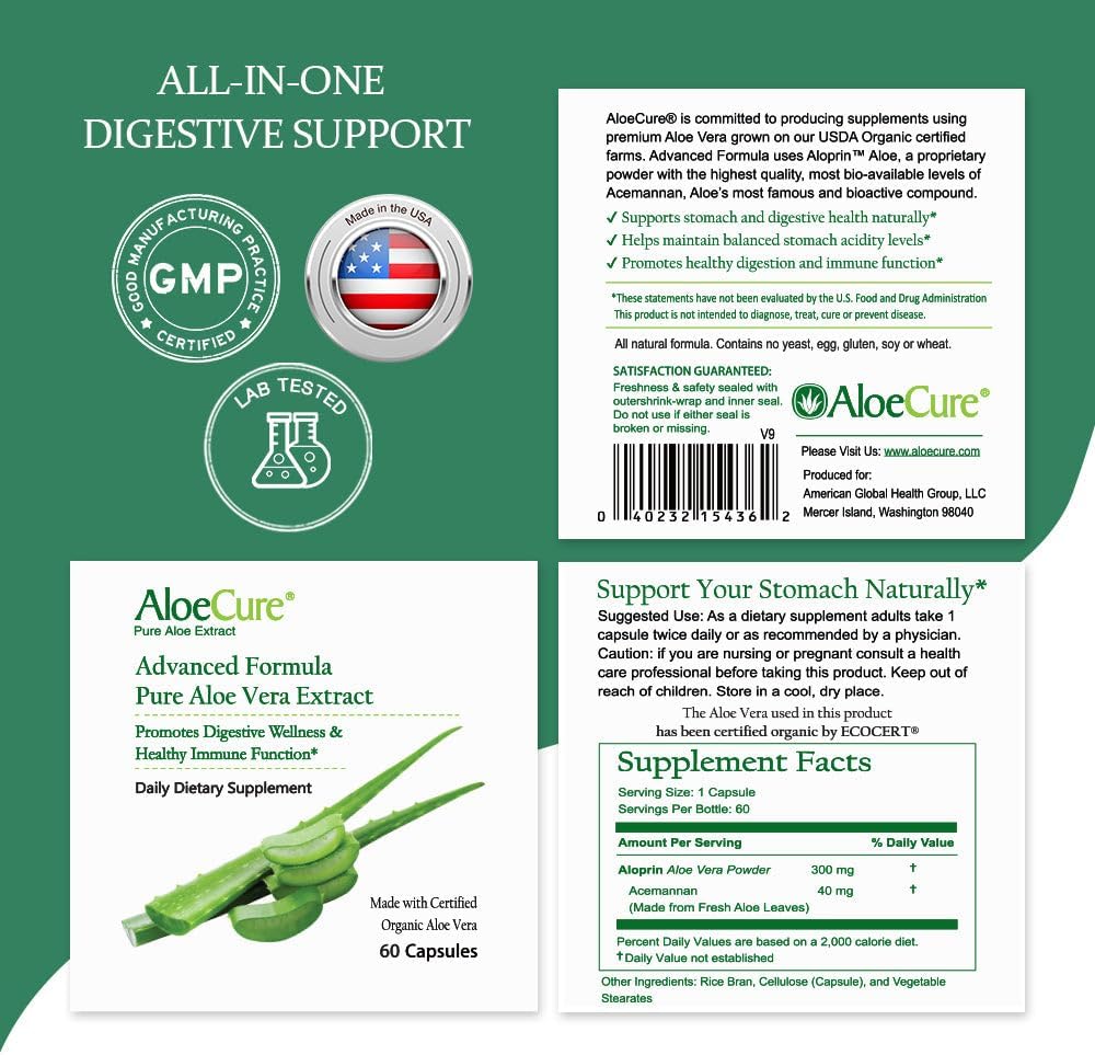 Organic Aloe Vera Capsules 60Caps x 3Btl, 130,000mg Inner Aloe Leaf Equivelant, Support Gut, Digestive & Immune Health, Maintain Balanced Stomach Acidity, Aloin Free