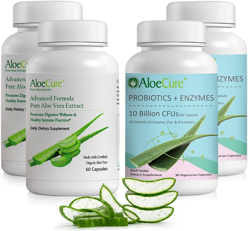 Organic Aloe Vera Capsules Pack with Probiotics and Enzymes - 4 Pieces