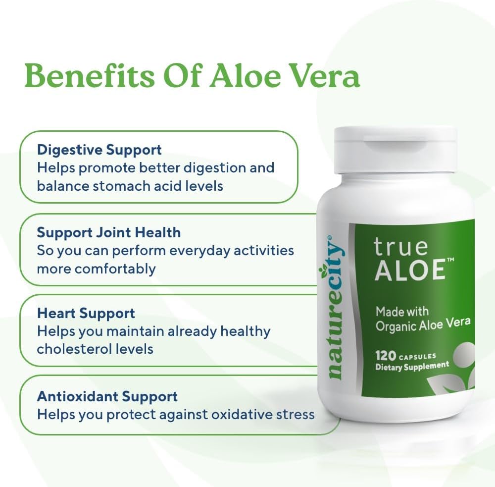 Organic Aloe Vera Capsules with 80,000mg Gel Equivalent - Digestive, Skin, and Joint Support - 360 Small Easy-to-Swallow Pills by NatureCity