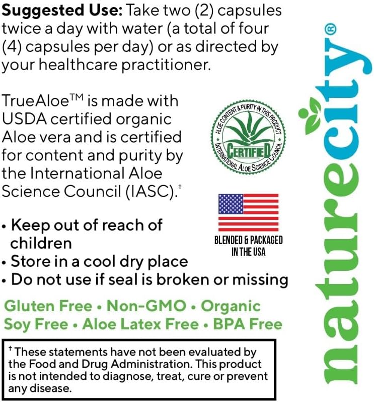 Organic Aloe Vera Capsules with 80,000mg Gel Equivalent - Digestive, Skin, and Joint Support - 360 Small Easy-to-Swallow Pills by NatureCity