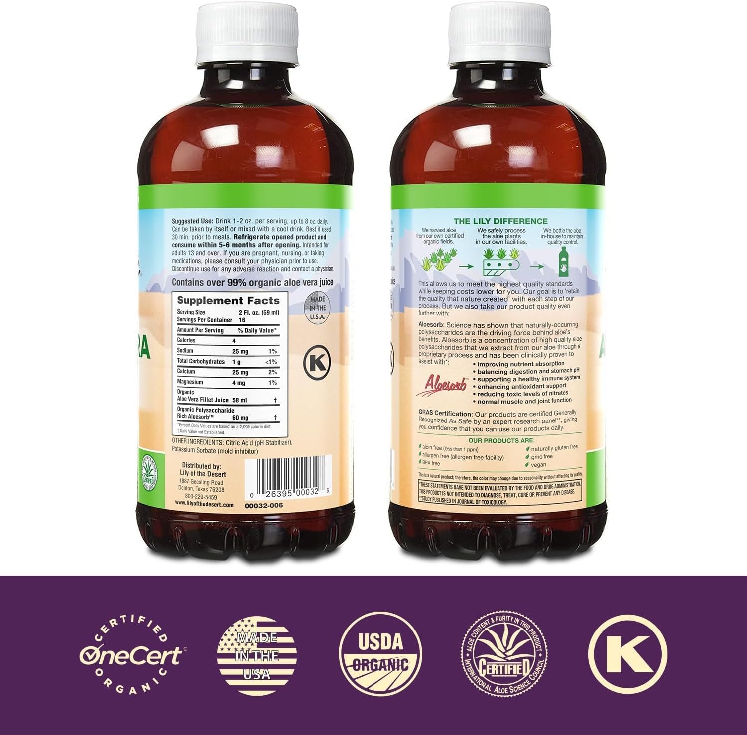 Organic Aloe Vera Juice - Inner Fillet Drink with Vitamins & Enzymes for Gut Health - 32 Fl Oz (2 Pack)