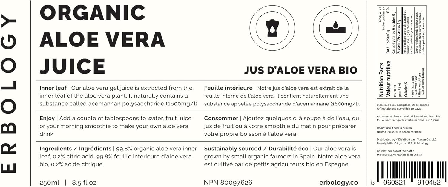 Organic Aloe Vera Juice 8.5 fl oz - Immunity & Gut Health Support - Straight from Spain Farm - Non-GMO - No Added Sugar - Recyclable Glass Bottle