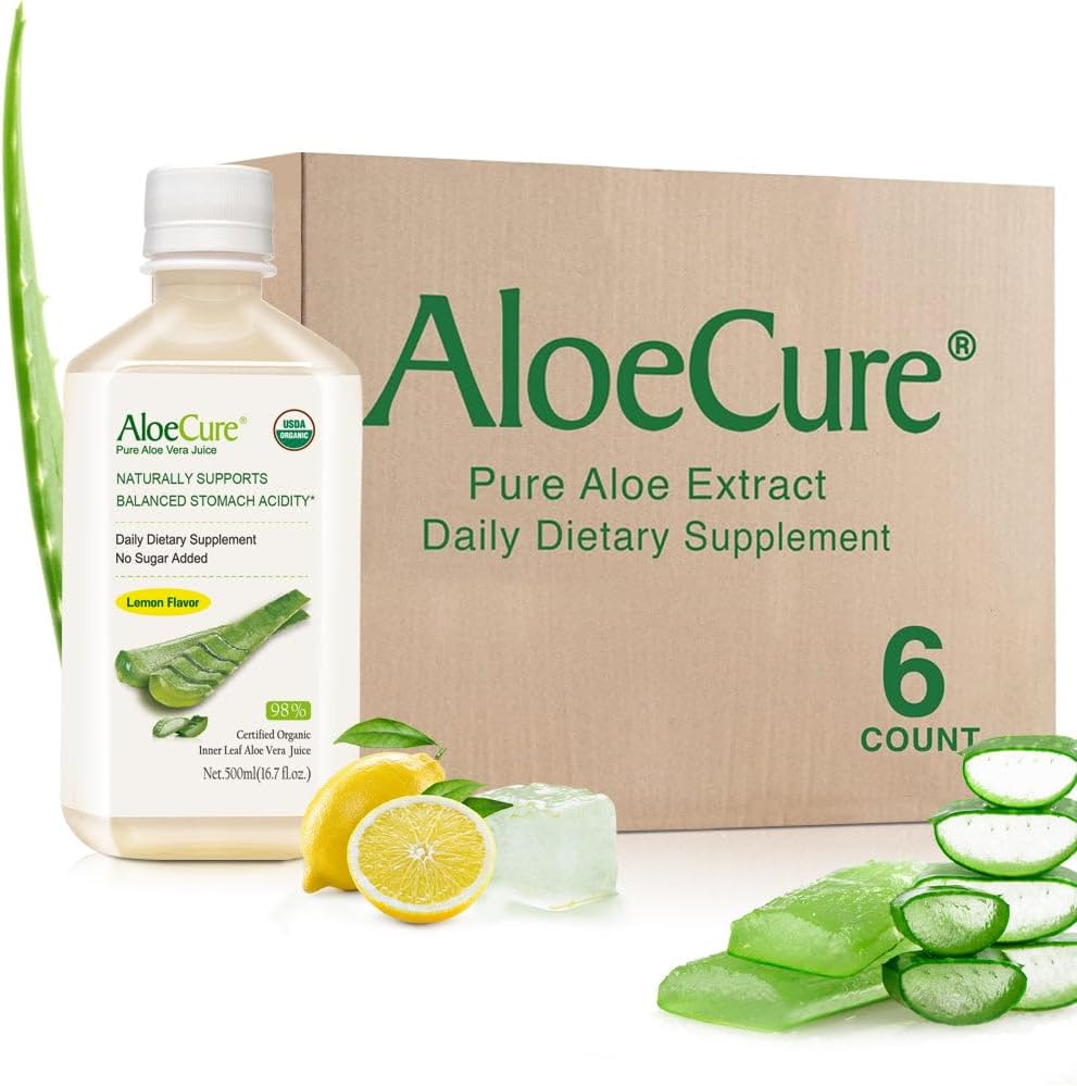 Organic Aloe Vera Juice with Lemon Flavor - Digestive Supplement for Stomach Acidity - Supports Digestive and Immune Health - 6 Bottles x 16.7oz
