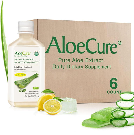 Organic Aloe Vera Juice with Lemon Flavor - Digestive Supplement for Stomach Acidity - Supports Digestive and Immune Health - 6 Bottles x 16.7oz