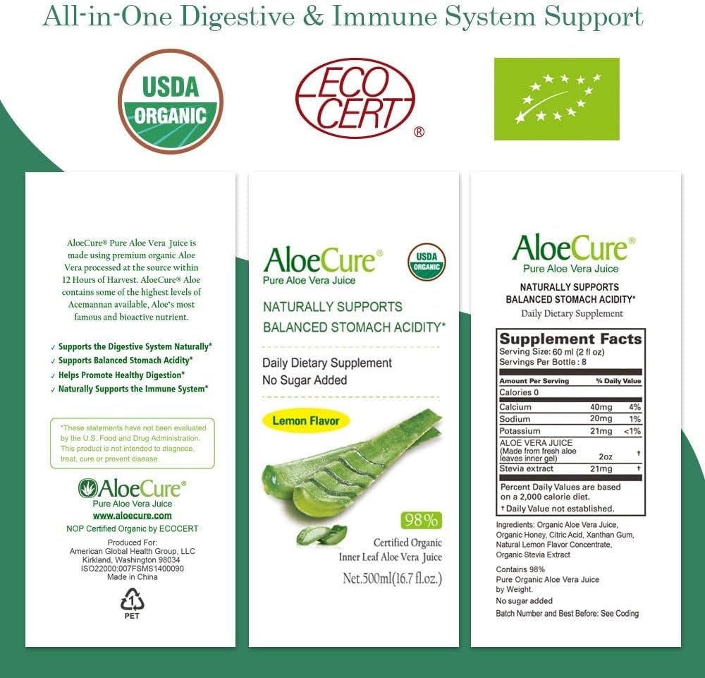 Organic Aloe Vera Juice with Lemon Flavor - Digestive Supplement for Stomach Acidity - Supports Digestive and Immune Health - 6 Bottles x 16.7oz