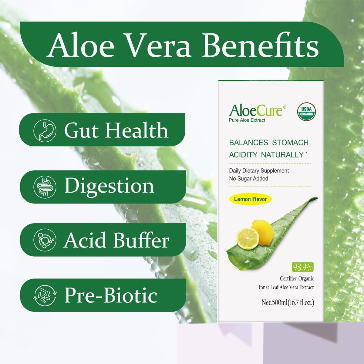 Organic Aloe Vera Juice with Lemon Flavor for Digestive Health - USDA Certified, Freshly Harvested, 18 Bottles x 16.7oz - Support Immune System & Balance Stomach Acidity