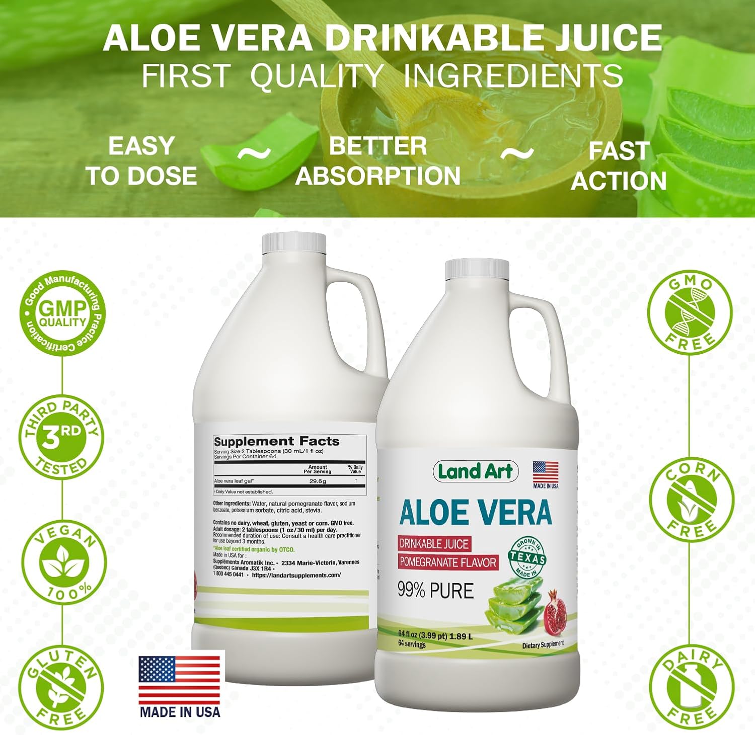 Organic Aloe Vera Juice with Pomegranate Flavor + Mint Liquid Chlorophyll Extract - Cold Processed and Cold Extracted - 64floz + 16floz