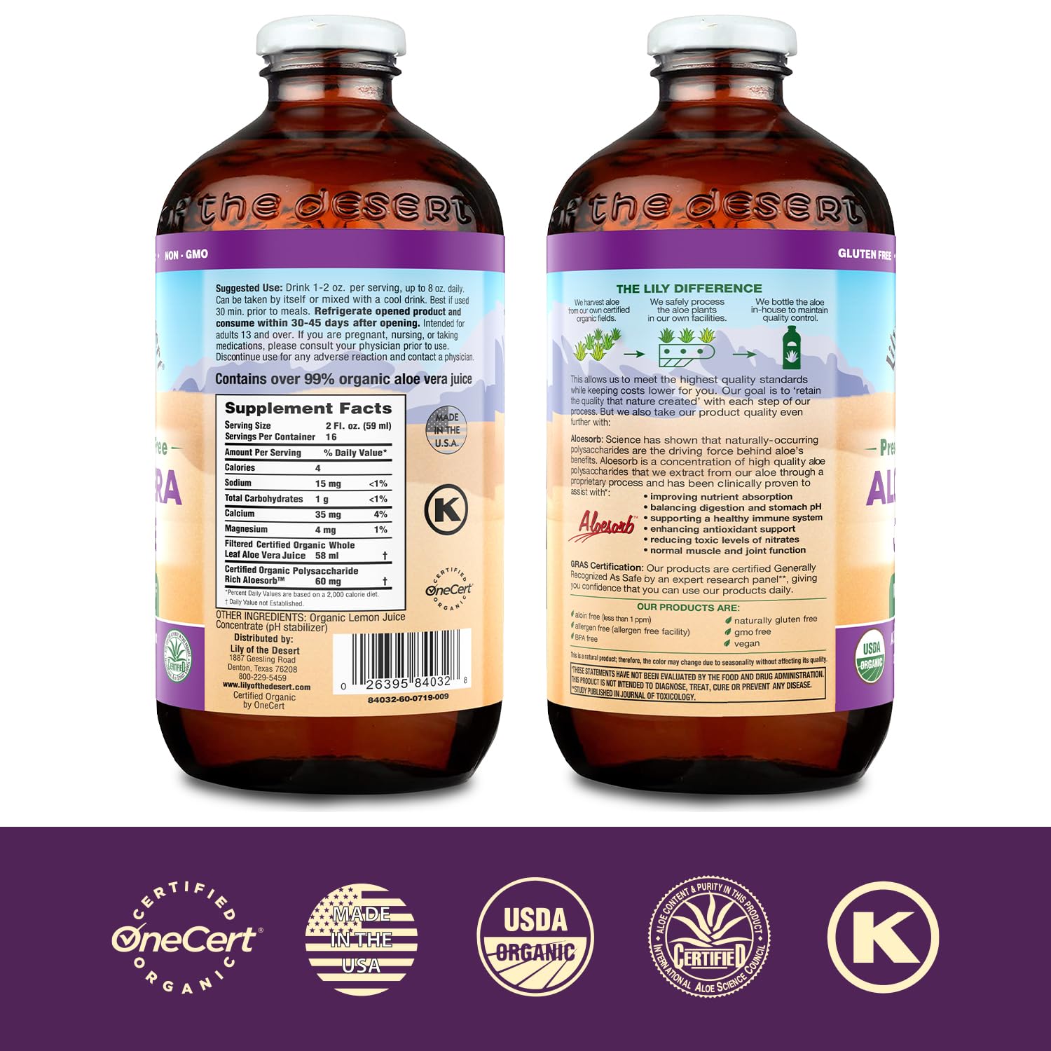 Organic Aloe Vera Whole Leaf Juice - Preservative Free, 32 oz by LILY OF THE DESERT