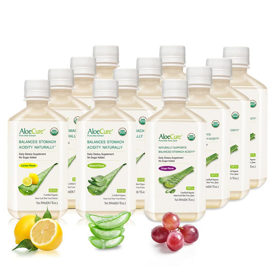 Organic AloeCure Aloe Vera Juice Sample Pack - 12 Bottles in Grape, Lemon, and Natural Flavors - 12x500ml