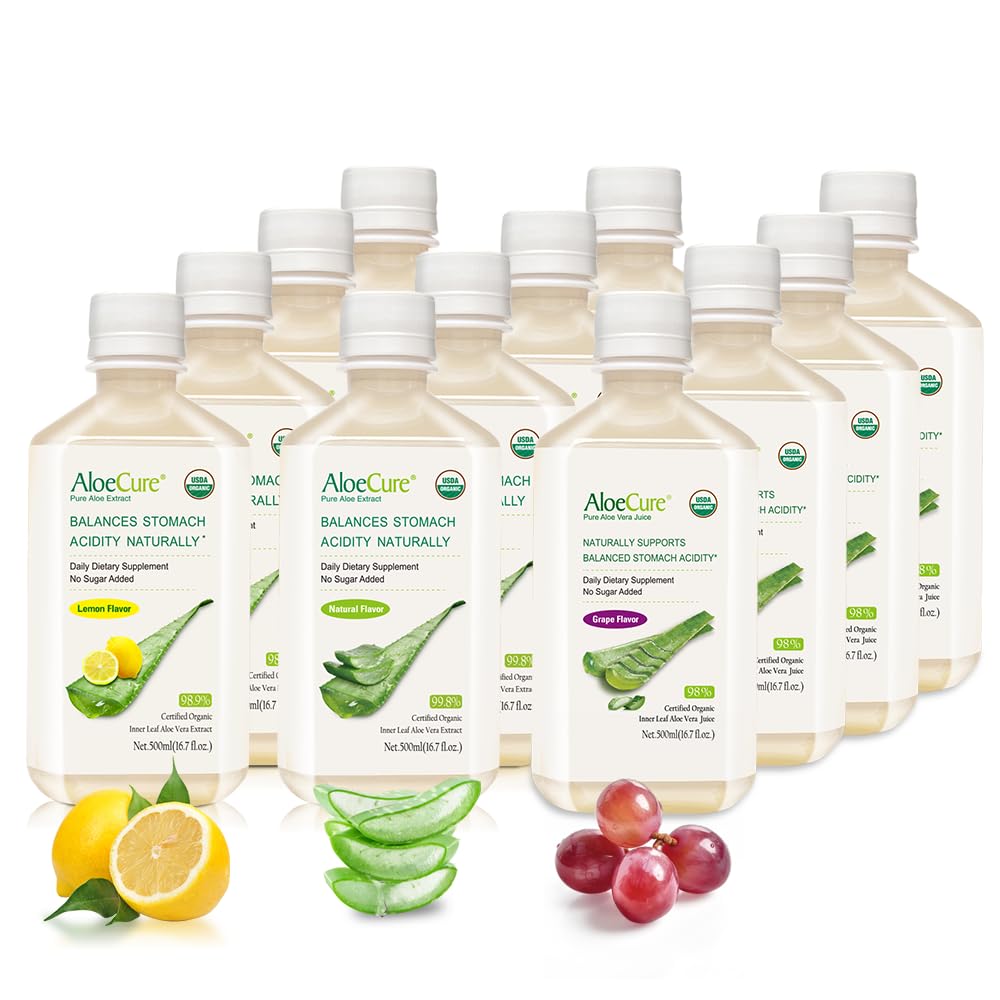 Organic AloeCure Aloe Vera Juice Sample Pack - 12 Bottles in Grape, Lemon, and Natural Flavors - 12x500ml