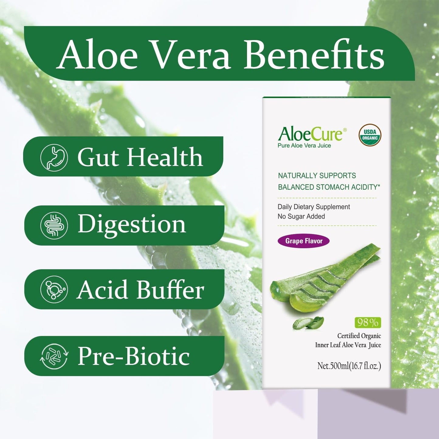 Organic AloeCure Aloe Vera Juice Sample Pack - 12 Bottles in Grape, Lemon, and Natural Flavors - 12x500ml