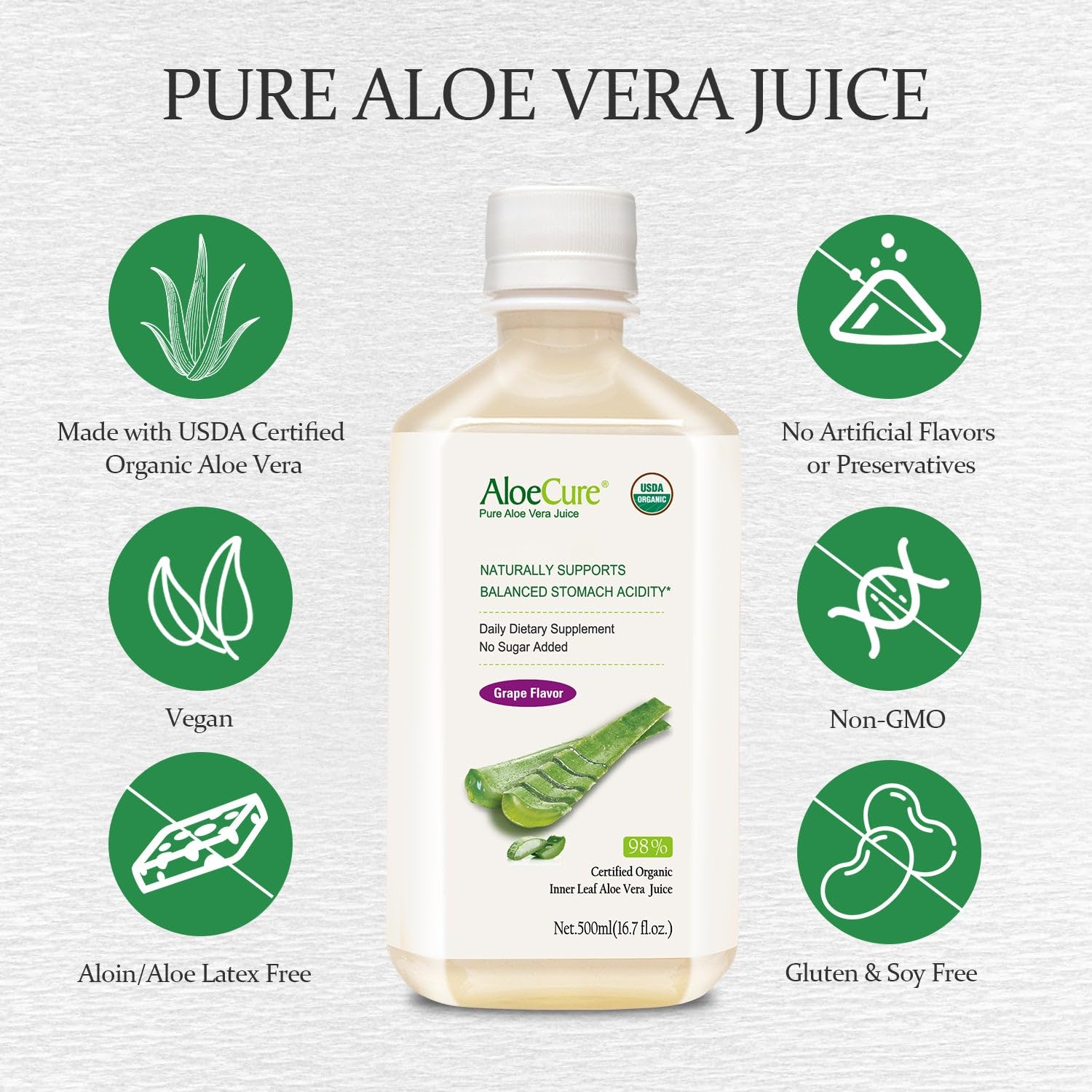 Organic AloeCure Aloe Vera Juice Sample Pack - 12 Bottles in Grape, Lemon, and Natural Flavors - 12x500ml
