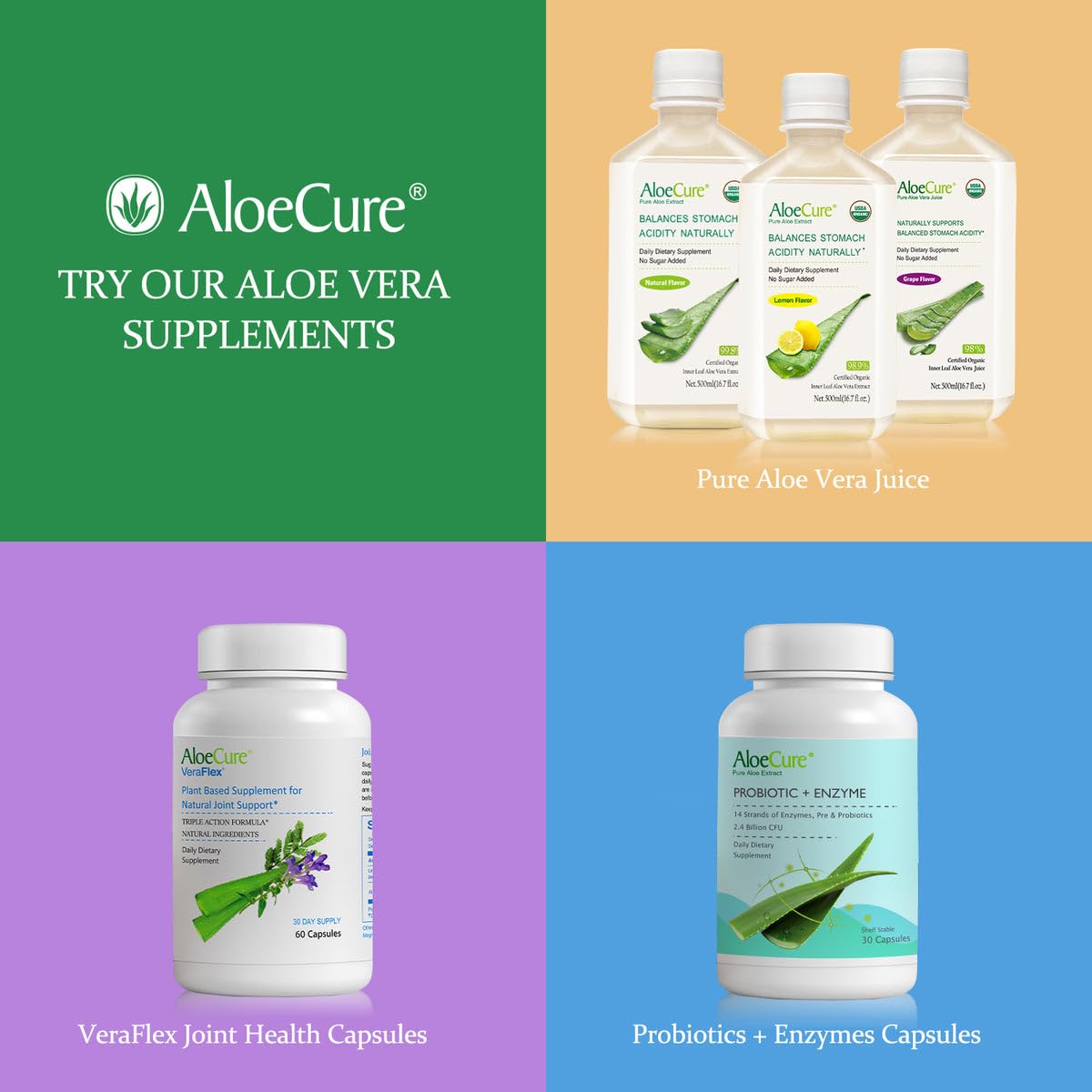 Organic AloeCure Aloe Vera Juice Sample Pack - 12 Bottles in Grape, Lemon, and Natural Flavors - 12x500ml