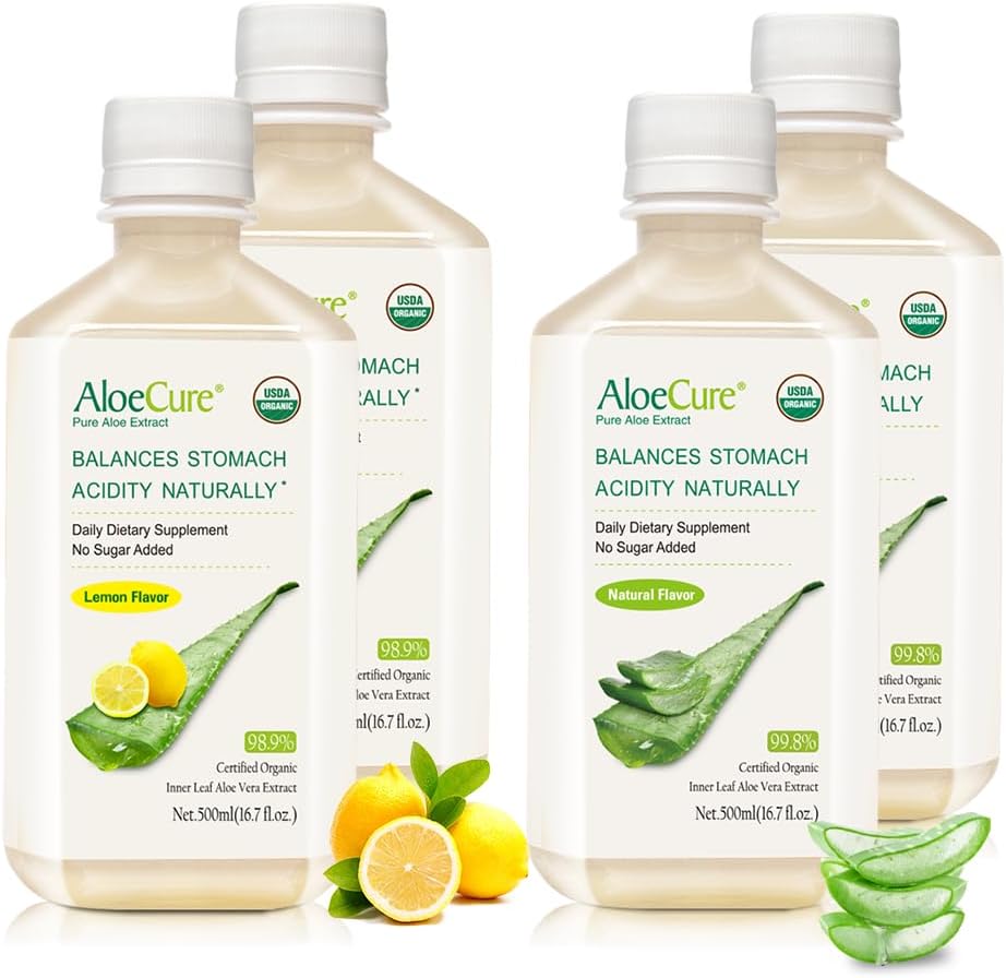 Organic AloeCure Aloe Vera Juice Sample Pack - Lemon & Natural Flavor, 4x500ml Bottles