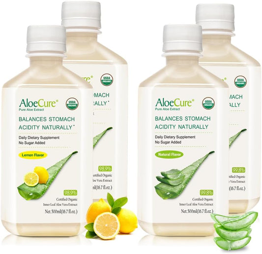 Organic AloeCure Aloe Vera Juice Sample Pack - Lemon & Natural Flavor, 4x500ml Bottles