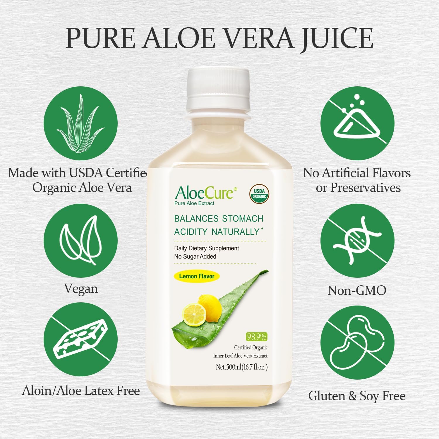 Organic AloeCure Aloe Vera Juice Sample Pack - Lemon & Natural Flavor, 4x500ml Bottles