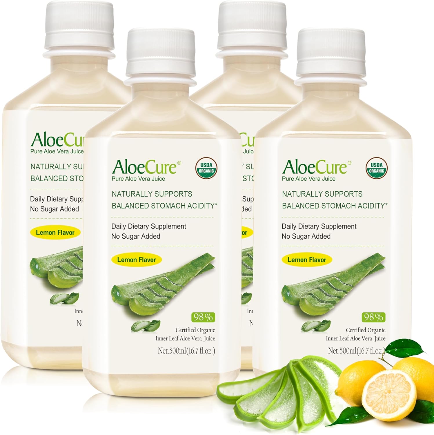 Organic AloeCure Aloe Vera Juice with Lemon Flavor - 4 Bottles x 16.7oz - Supports Digestive & Immune Health - Freshly Harvested & Natural Digestive Supplement
