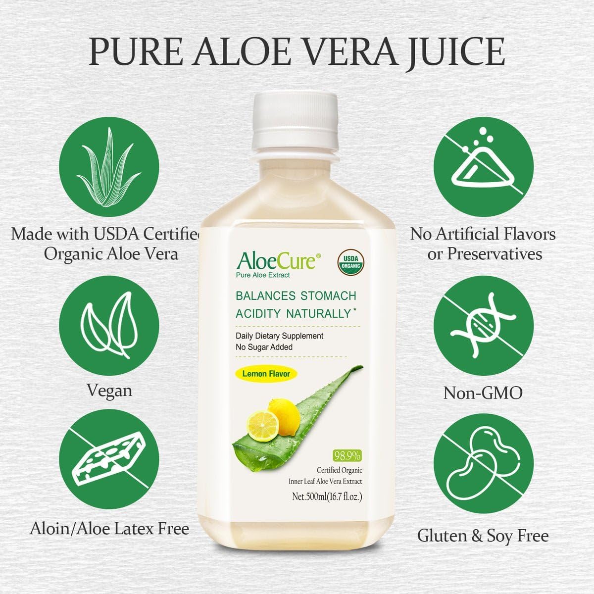Organic AloeCure Aloe Vera Juice with Lemon Flavor - 4 Bottles x 16.7oz - Supports Digestive & Immune Health - Freshly Harvested & Natural Digestive Supplement